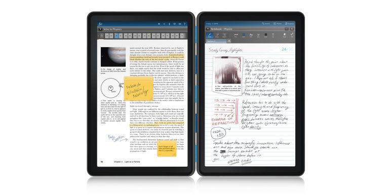 Two eCorsair tablets displaying handwritten notes and digital documents.