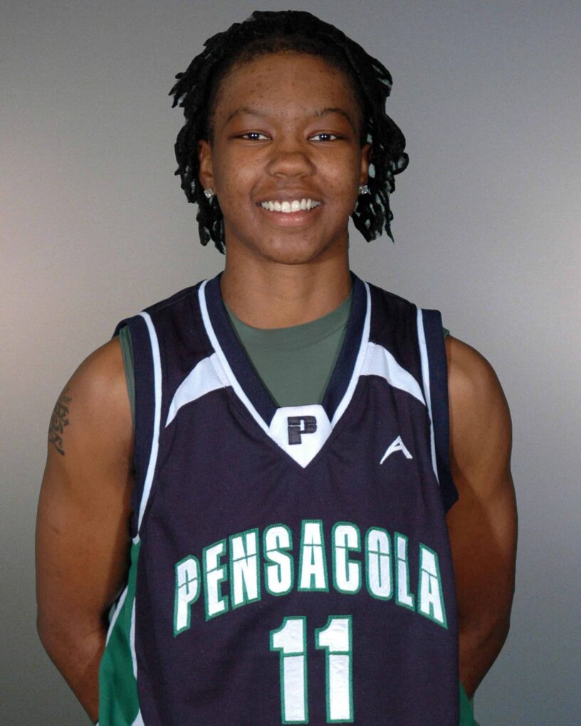 Pensacola State Women’s Basketball Player Merritt Merritt, FCCAA women's basketball player of the week, wearing Pensacola State jersey number 11.