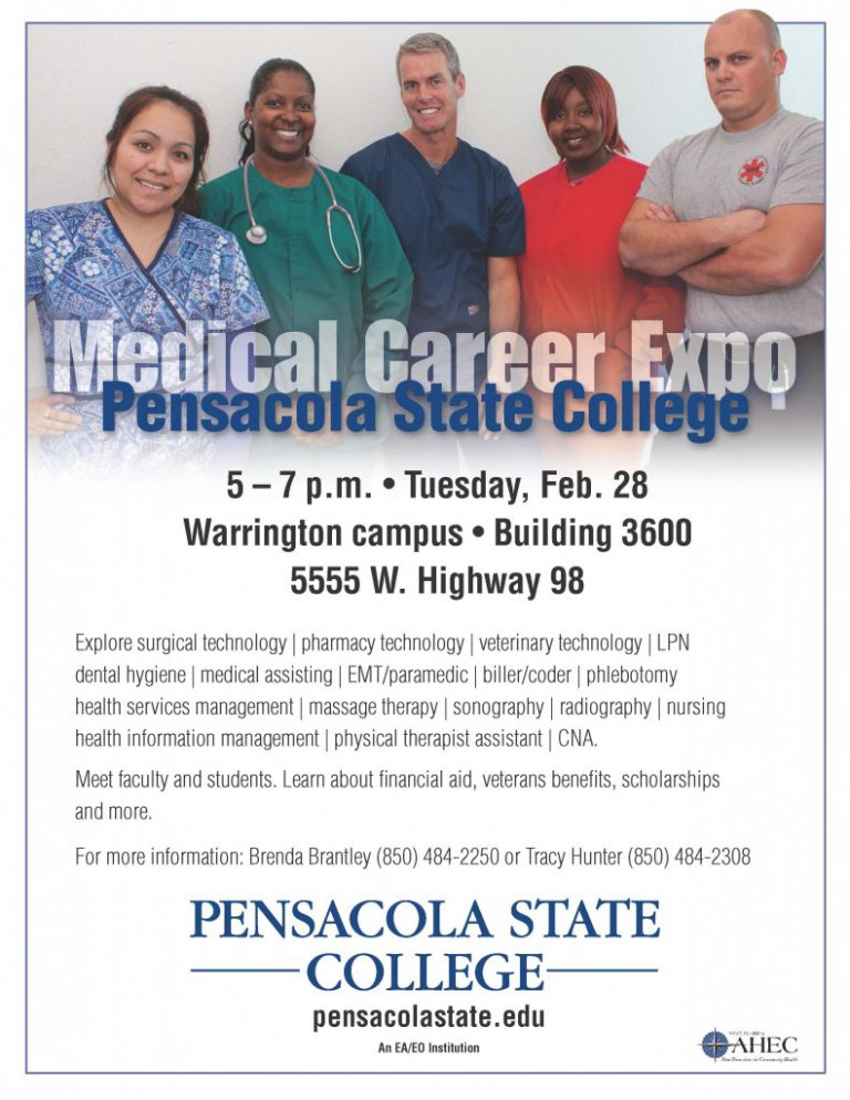 Group of diverse healthcare students and professionals at medical career expo.