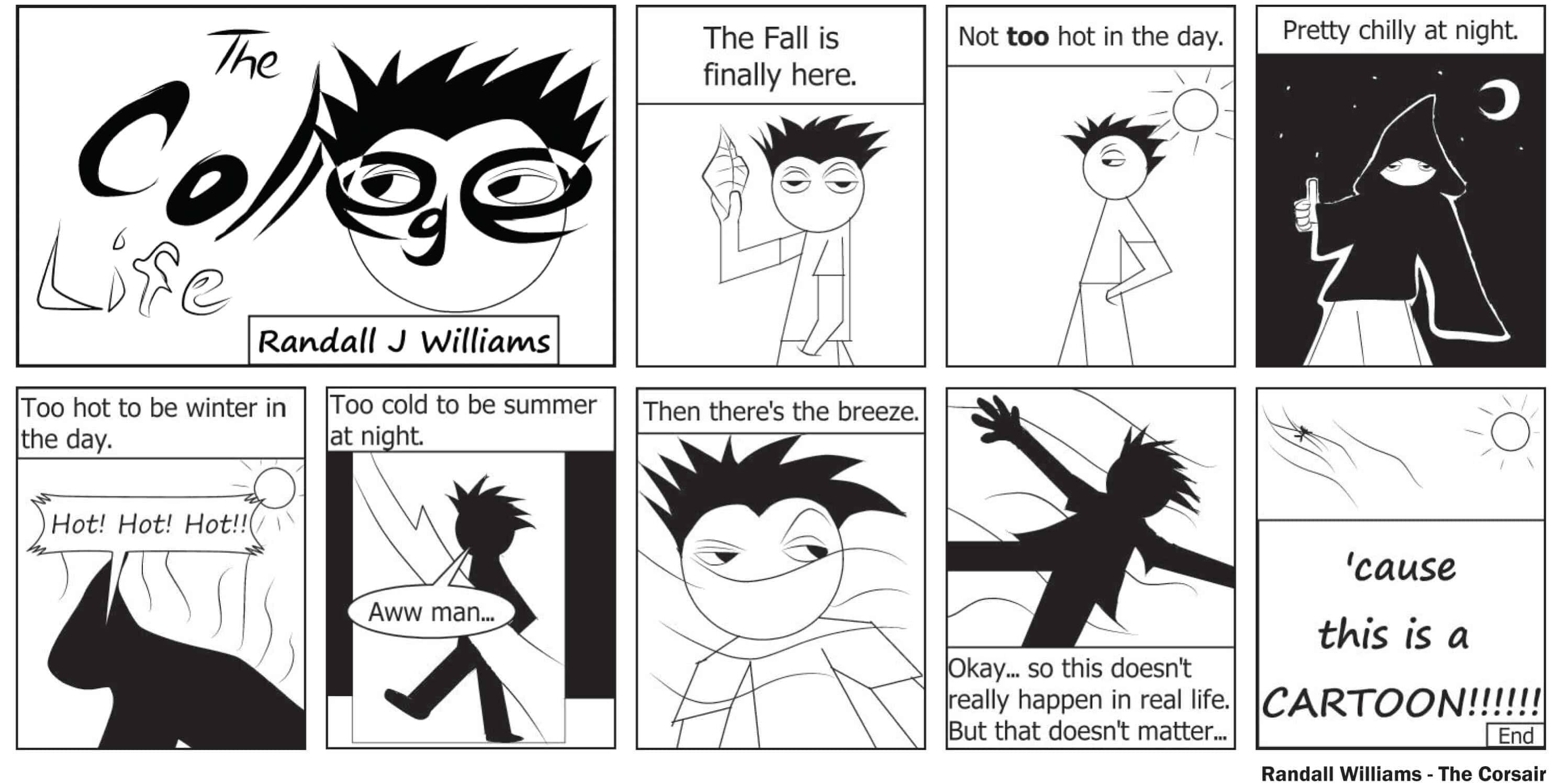 ECorsair college student cartoon comic strip about campus life and seasons.