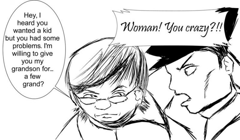 Black-and-white cartoon depicting a humorous generational clash.