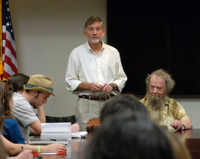 Donald Hall speaking to students during his visit to Pensacola State College.