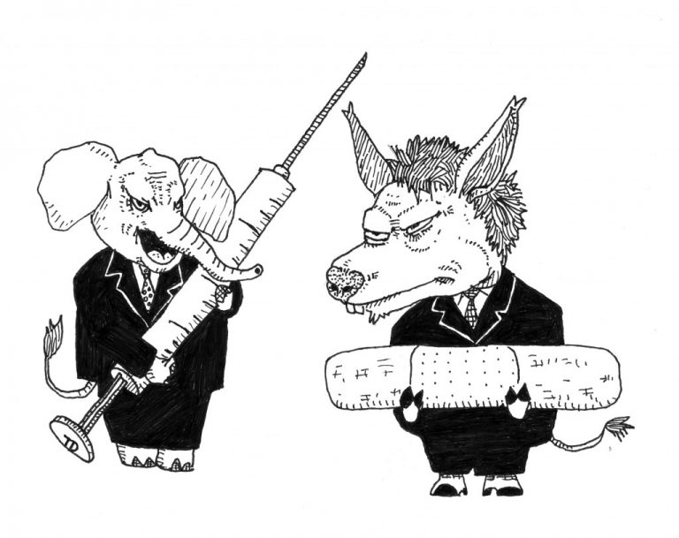 Cartoon of an elephant and a wolf discussing unemployment solutions.