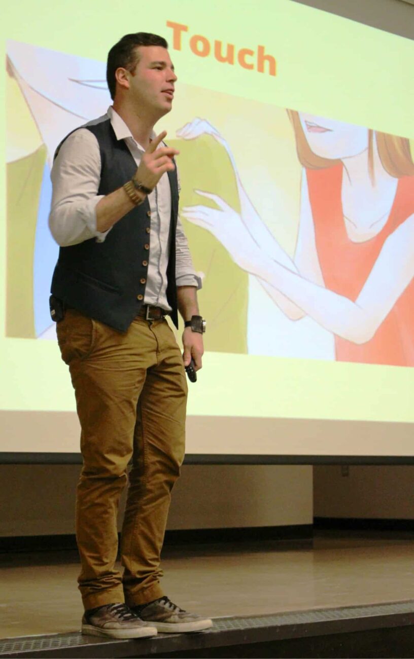 Student giving a presentation at Pensacola State College about eCorsair program.