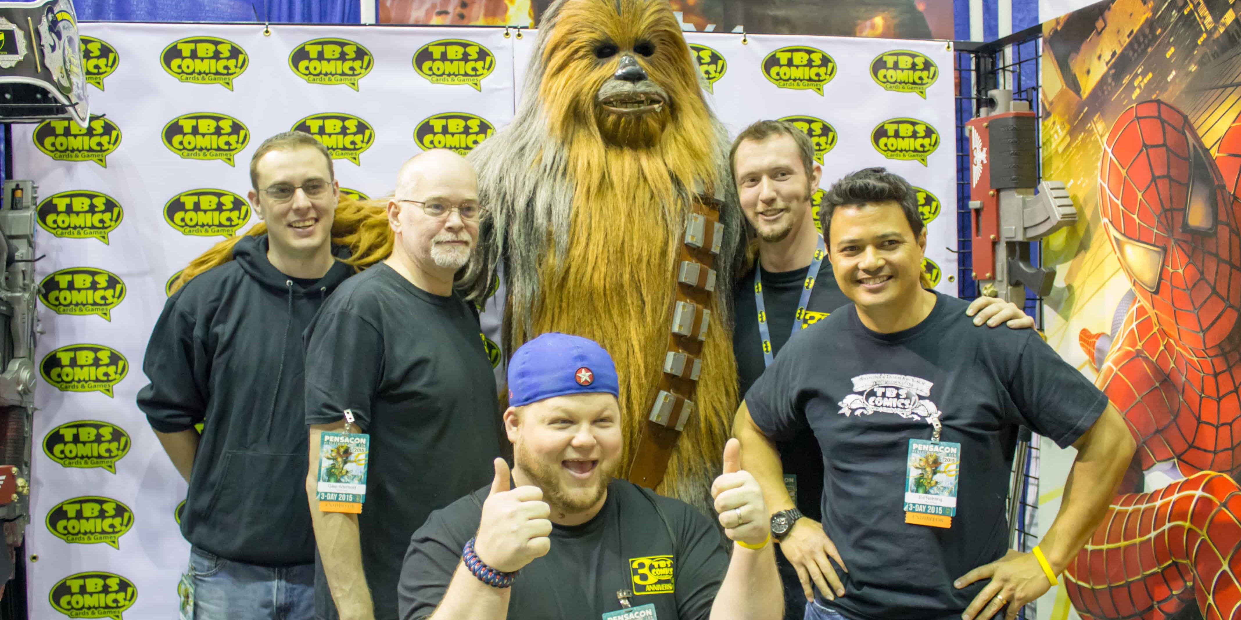 Group of cosplayers dressed as Star Wars characters at Pensacon event.