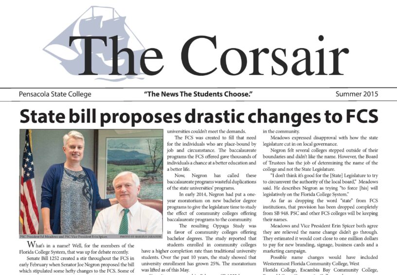Innovative eCorsair Summer 2015 Print Issue ECorsair logo with Pensacola State College branding and headline about FCS changes.