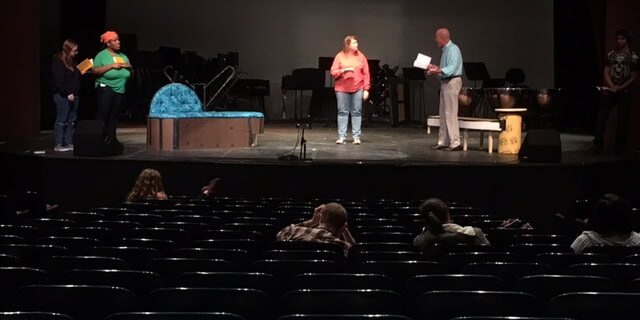Rehearsal scene from Six Degrees of Separation at Pensacola State College, showcasing actors and dir.