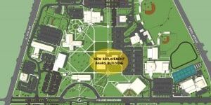 New campus development plan with building 1 marked for demolition.