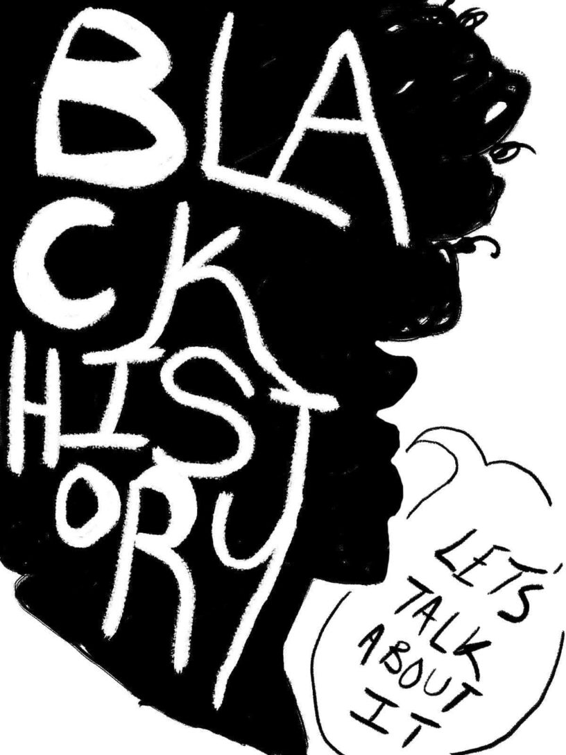 Celebrating Black history with a silhouette of a Black woman’s hair and a speech bubble.