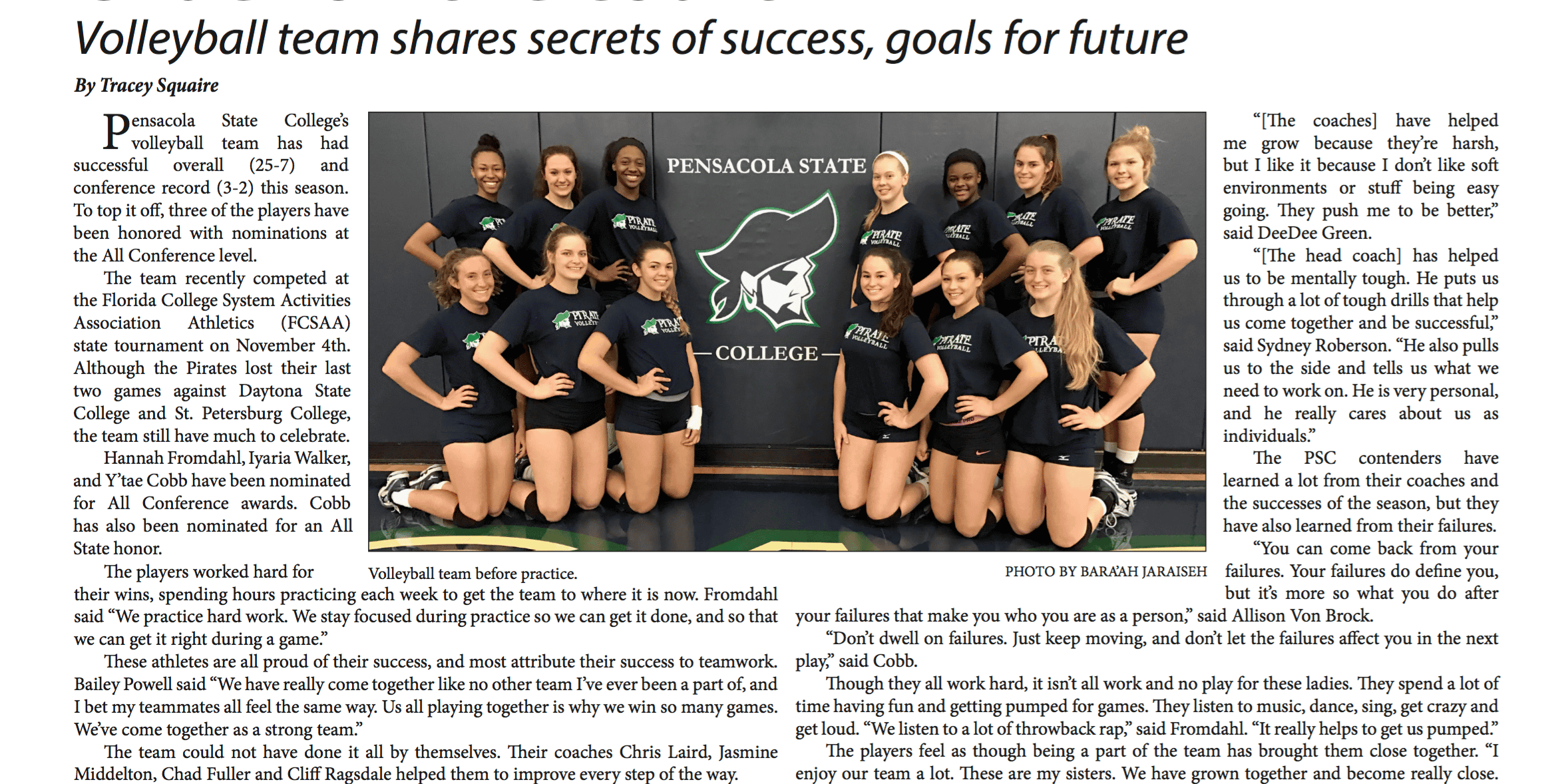 Volleyball team celebrating victory at Pensacola State College.