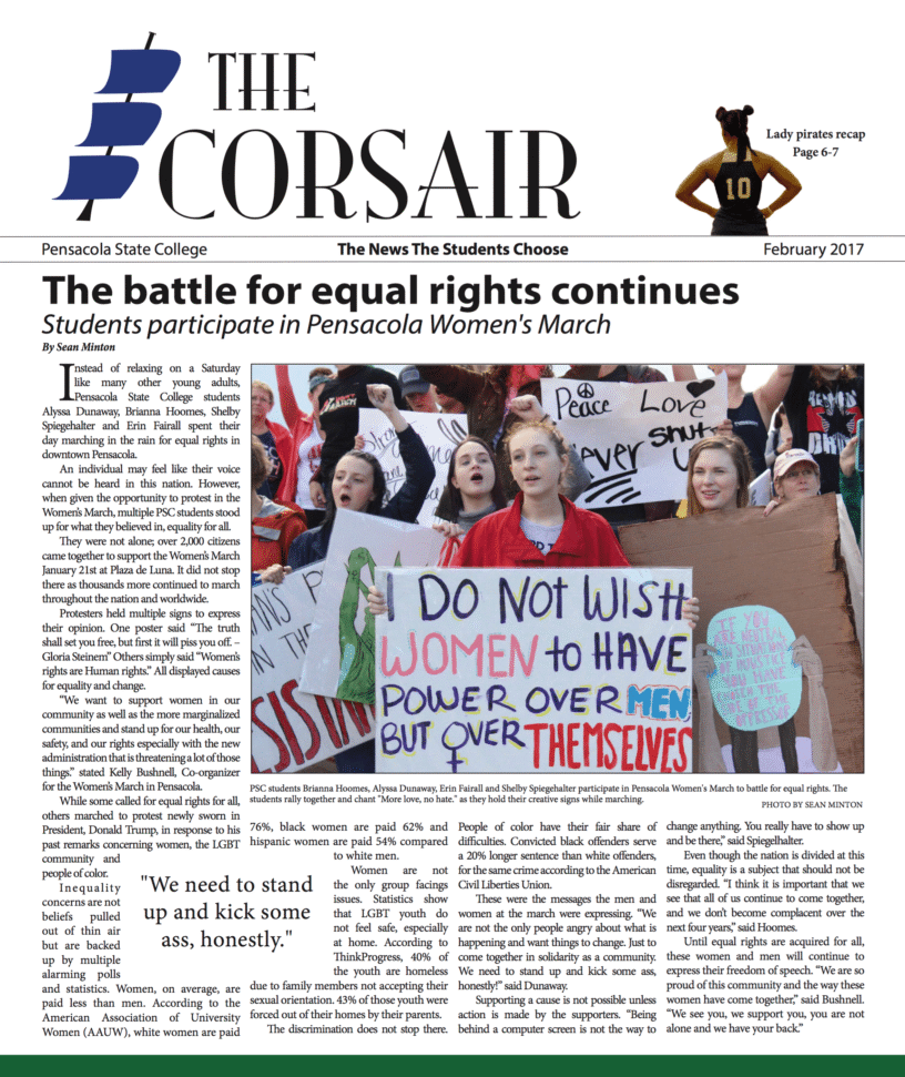 eCorsair – February 2017 Print Issue Students at Pensacola State College participate in Women's March for equal rights.