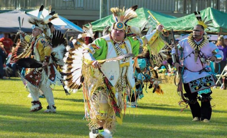 Traditional Native American dancers in vibrant regalia at Atmore pow wow.