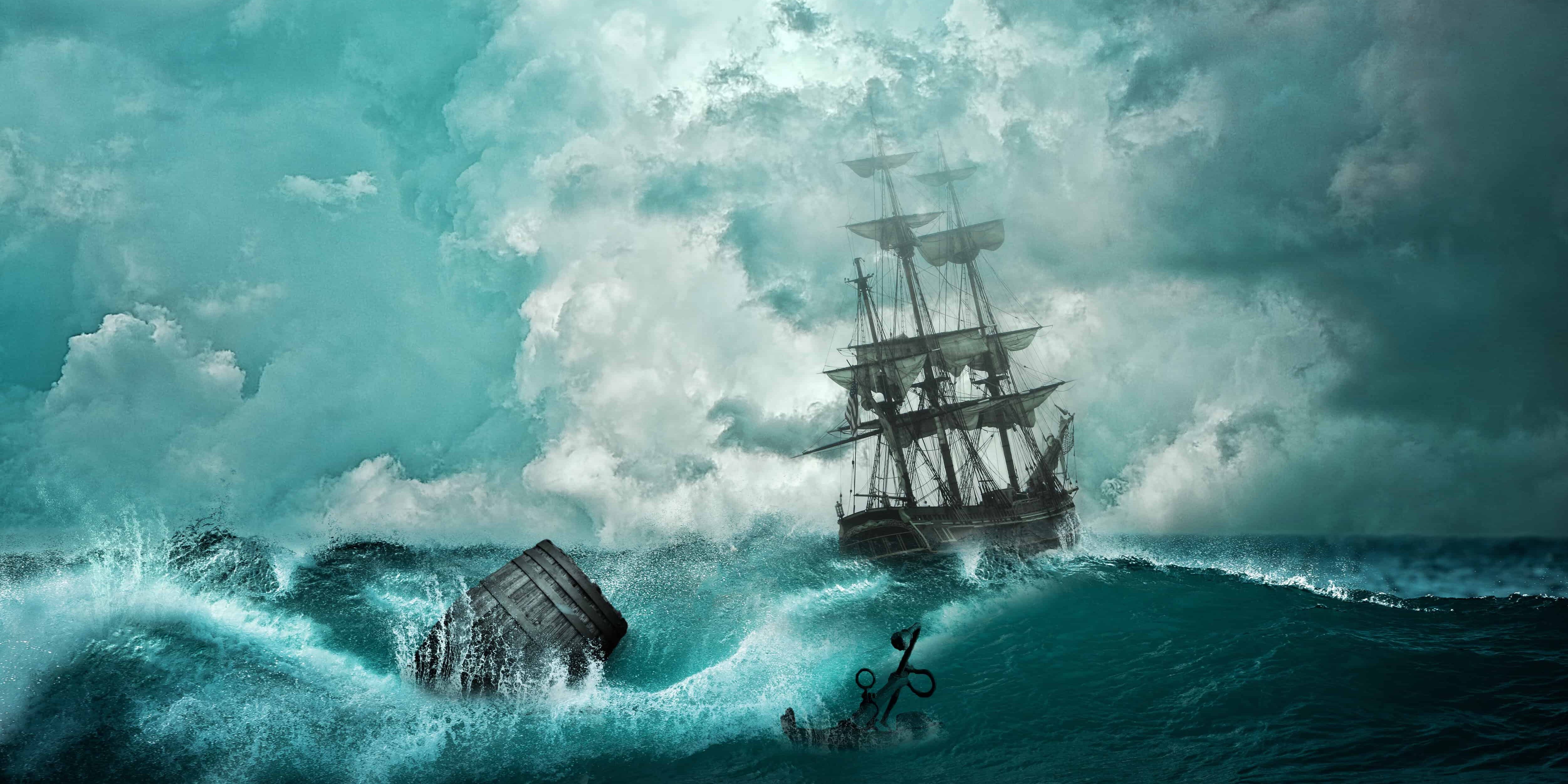 Shipwreck in stormy seas with large waves and a sinking vessel.