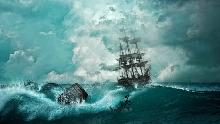 Shipwreck in stormy seas with large waves and a sinking vessel.