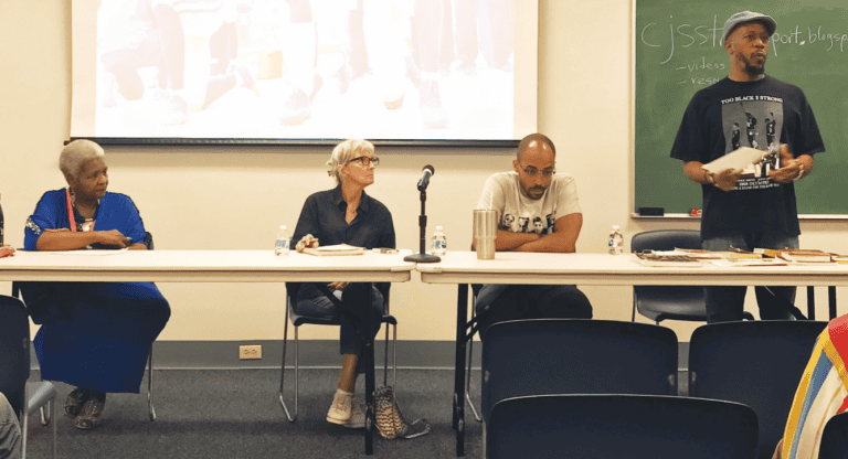 Panel of diverse speakers discussing important societal topics.