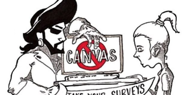 eLearning attack illustration Cartoon of a hacker attacking a student with a computer displaying "CANVAS".