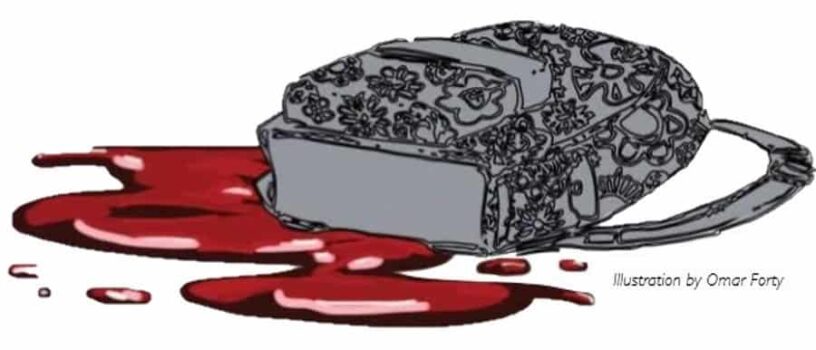 Illustration of a blood-stained Ecorsair backpack for safety awareness.