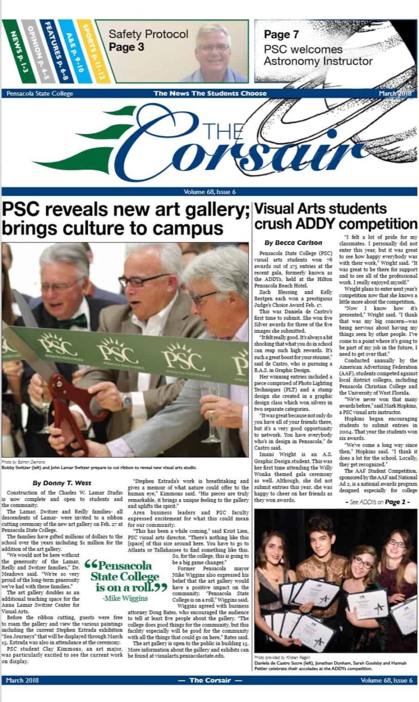 Students and faculty at Pensacola State College art gallery opening.