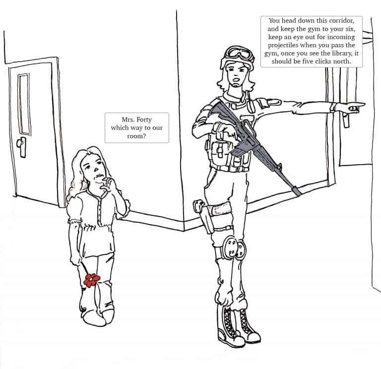 School security guard pointing, girl asking about room.