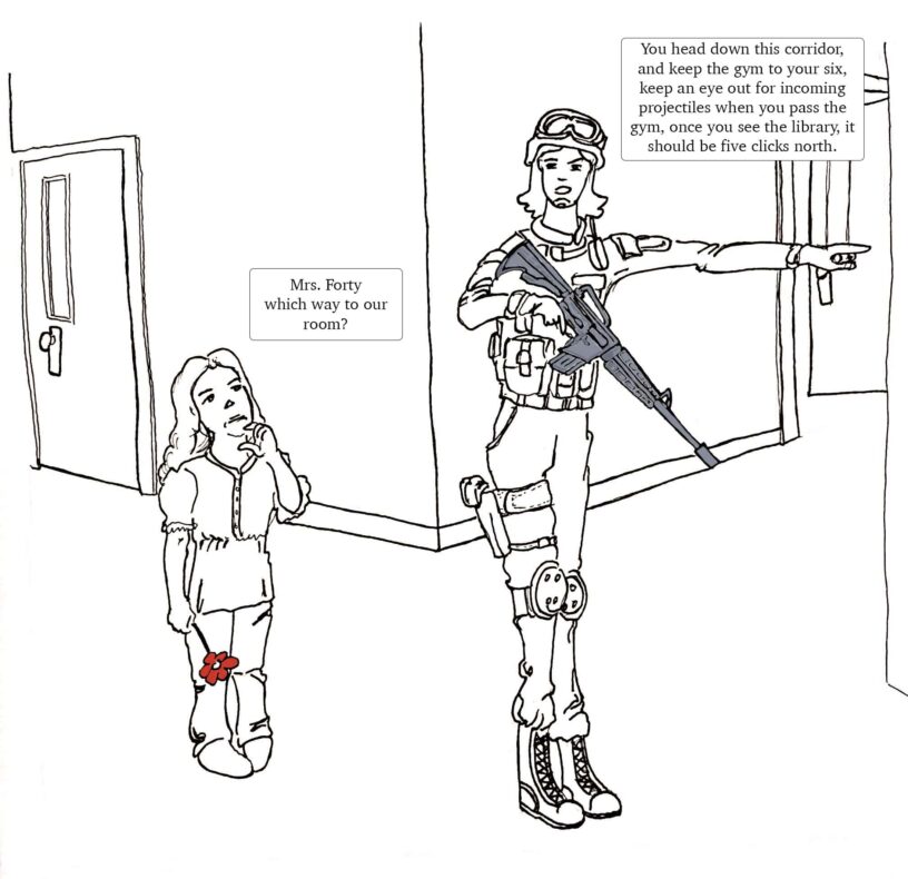 School security guard pointing, girl asking about room.