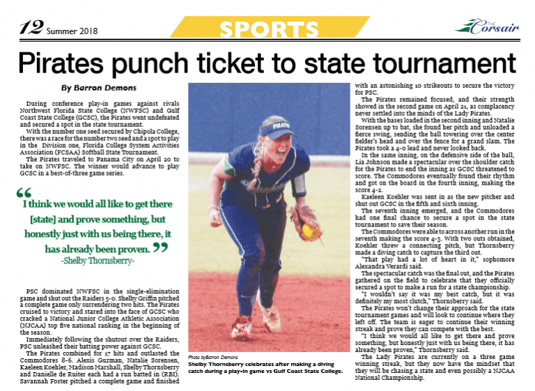 Pirates celebrate winning game to qualify for state tournament at Pensacola State College.