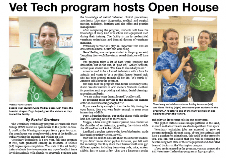 Vet Tech open house at Warrington campus with students in scrubs.