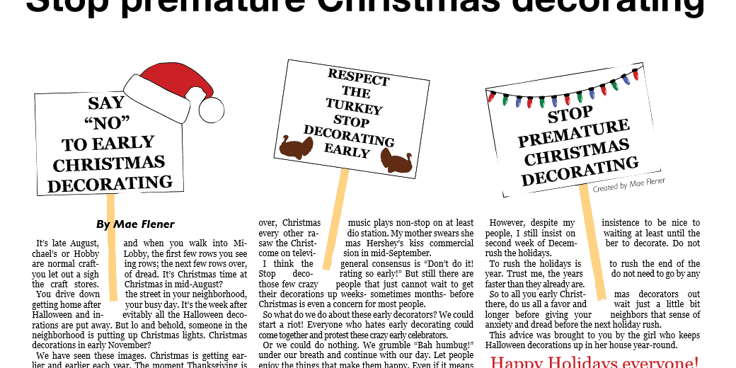 Stop premature Christmas decorating Christmas decorations with Santa hat and holiday lights, emphasizing early holiday decor.