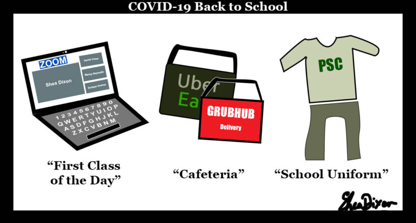 Students using laptops, food delivery, and wearing school uniforms during COVID-19.