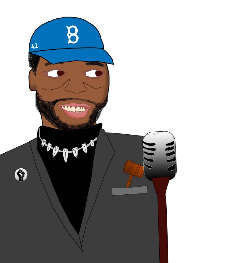 Illustration of Chadwick Boseman with microphone, honoring his legacy.