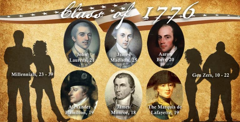 Portraits of youth leaders from 1776, including John Laurens, James Madison, and Alexander Hamilton.