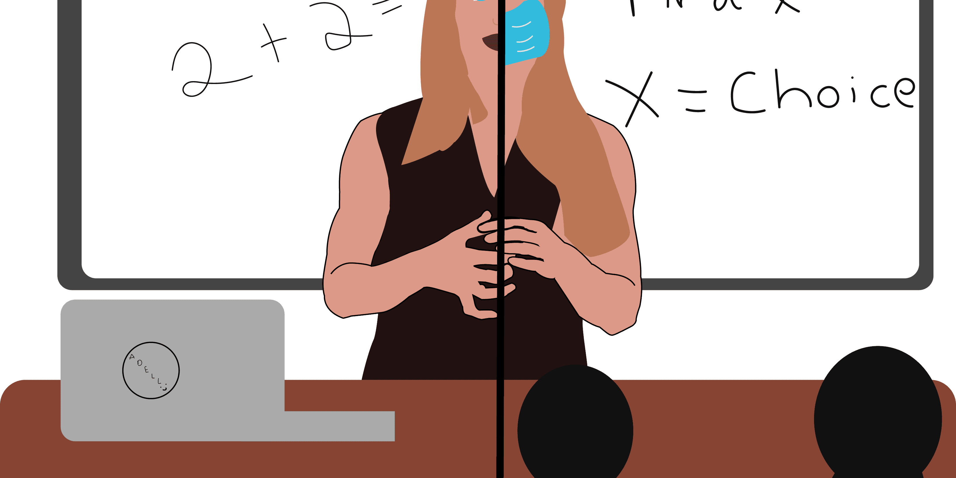 Teacher wearing a mask explaining math and choice concepts to students in classroom.