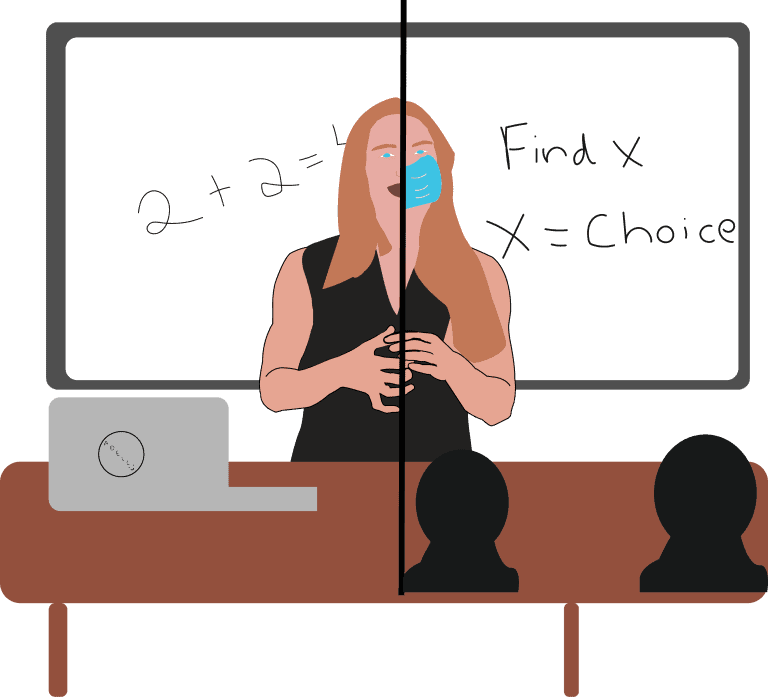 Teacher wearing a mask explaining math and choice concepts to students in classroom.