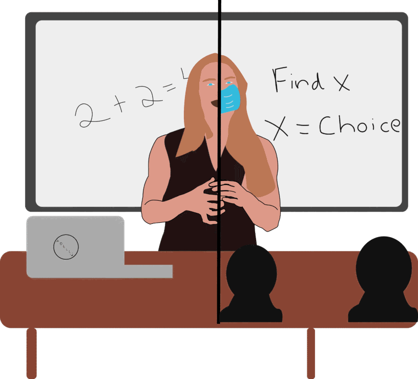 Teacher wearing a mask explaining math and choice concepts to students in classroom.