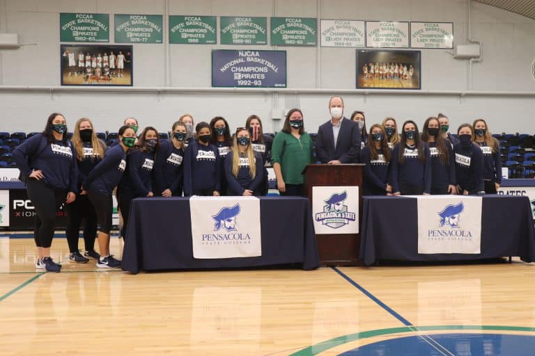 PSC women's basketball team with Dog-tor Rudy at Pensacola State College.