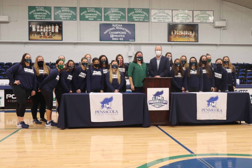 PSC women’s basketball team with Dog-tor Rudy at Pensacola State College. PSC women's basketball team with Dog-tor Rudy at Pensacola State College.