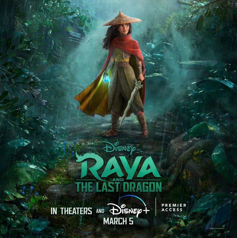 Raya and the Last Dragon movie poster with jungle background.