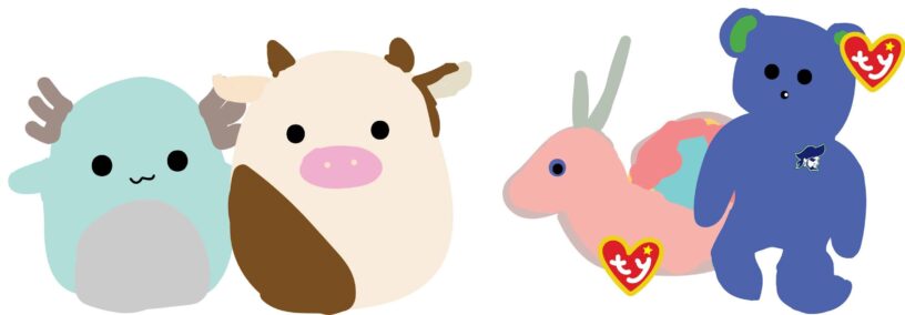 Cute Ty Beanie Babies collection featuring a whale, cow, dragon, and bear. Ty Beanie Babies plush toys showcasing adorable animal characters for collectors.