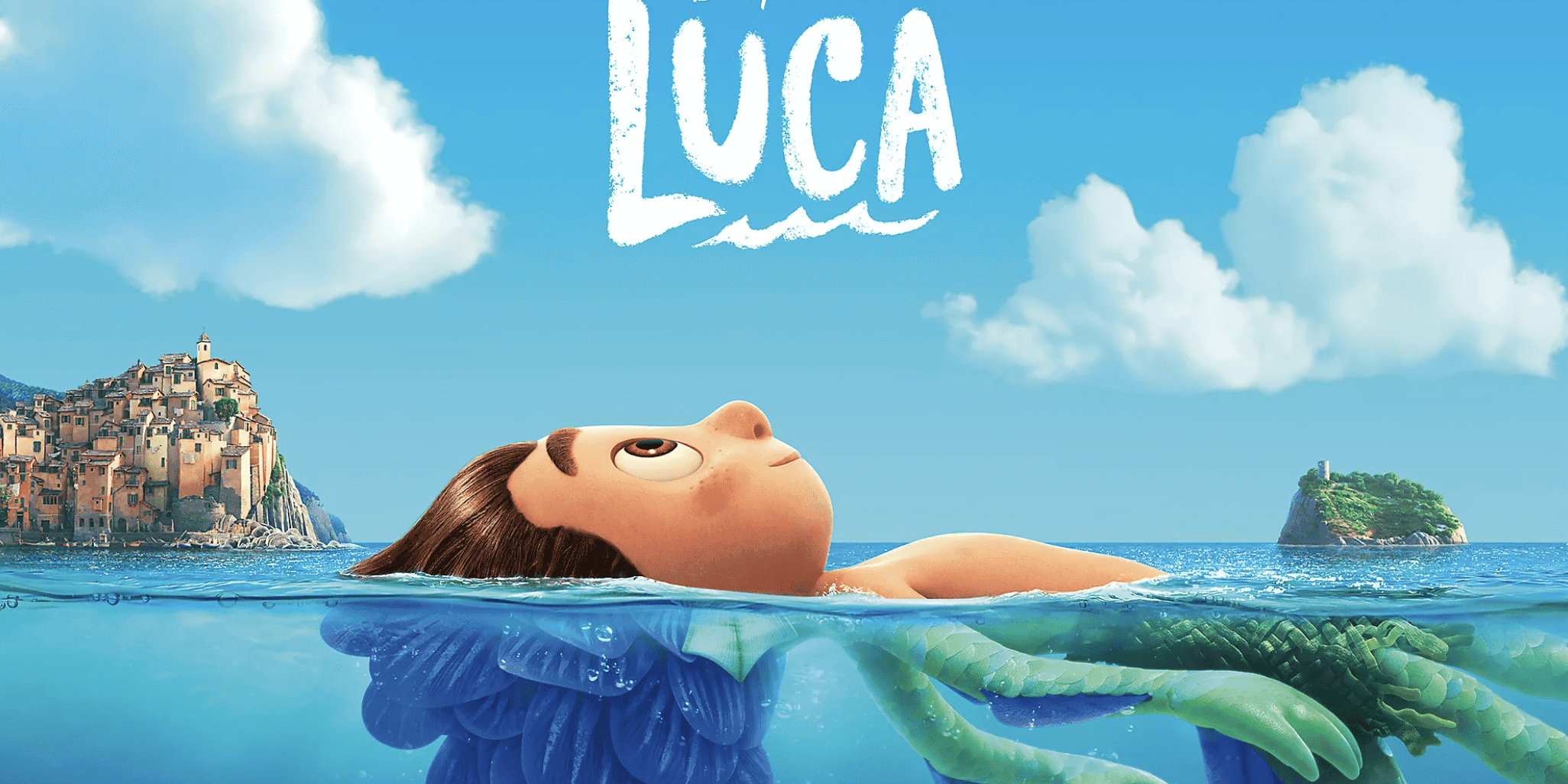 Luca makes a splash onto Disney+ Luca floating on water with a scenic seaside background, promoting Disney+ streaming of the animated.