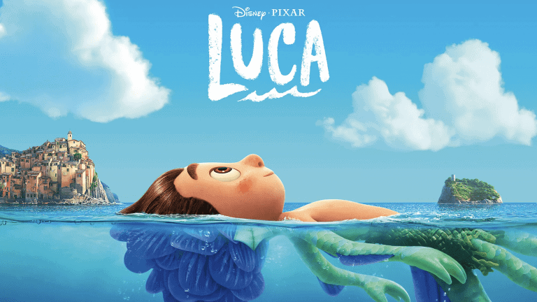 Luca floating on water with a scenic seaside background, promoting Disney+ streaming of the animated.