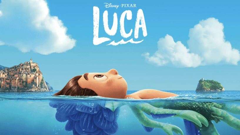 Luca makes a splash onto Disney+ Luca floating on water with a scenic seaside background, promoting Disney+ streaming of the animated.