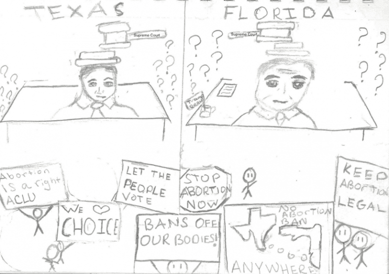 Student holding signs advocating for choice and legal abortion at eCorsair.