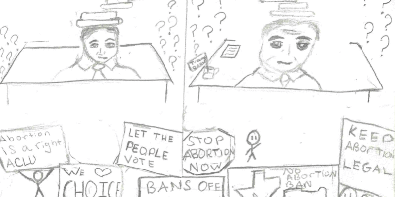 Student holding signs advocating for choice and legal abortion at eCorsair.