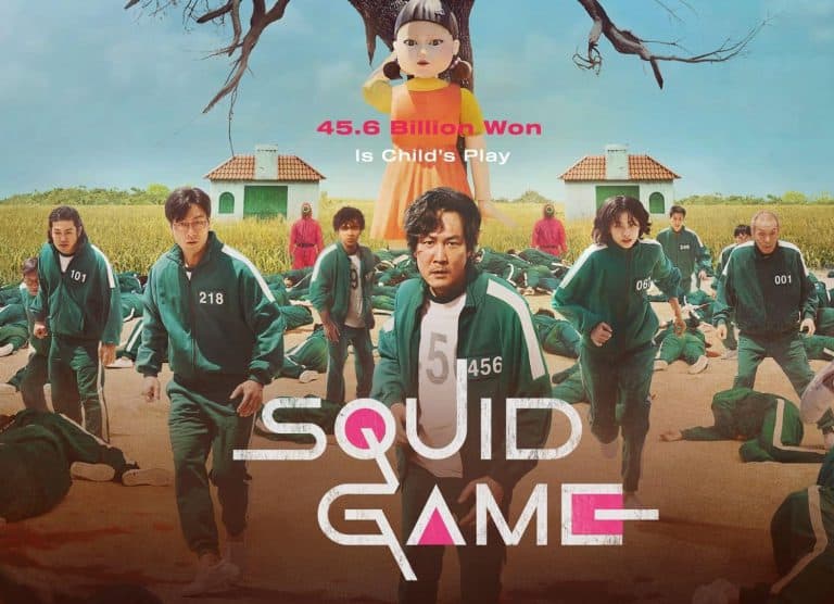 Promotional image for Squid Game featuring main characters in green tracksuits.