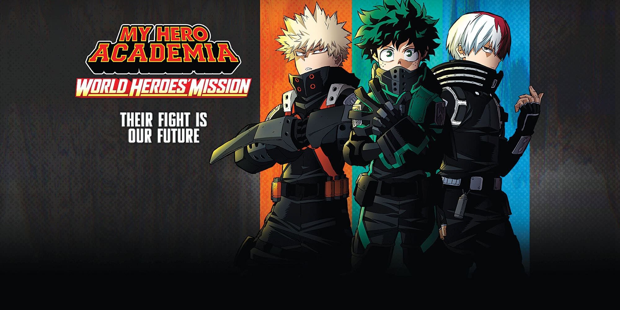 Three anime characters from My Hero Academia in hero costumes.