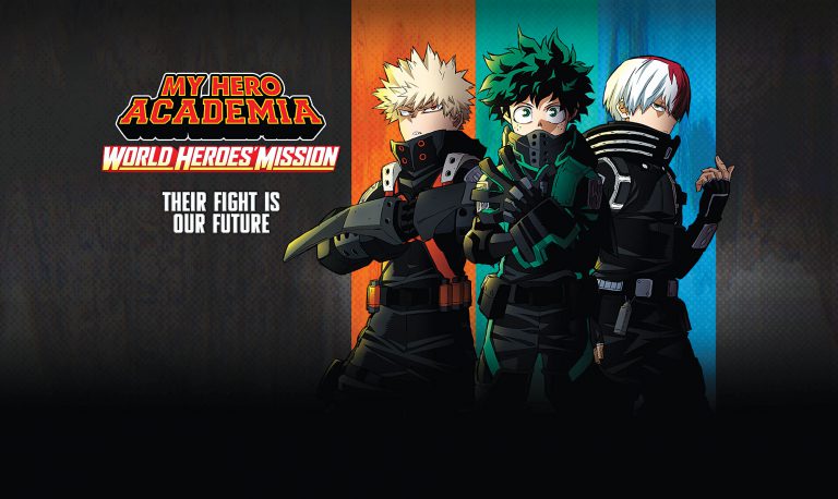 Three anime characters from My Hero Academia in hero costumes.
