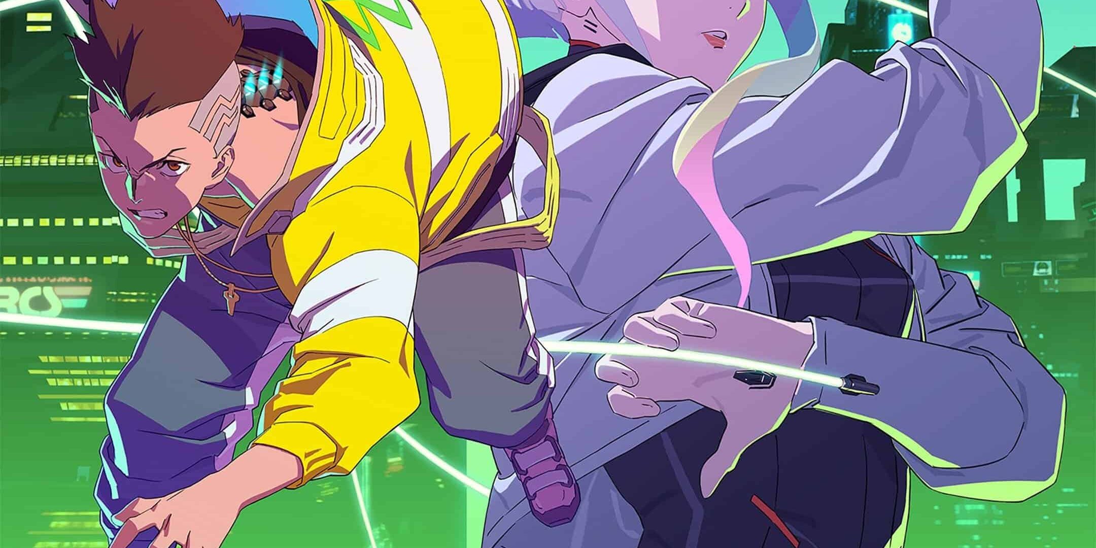 Cyberpunk Edgerunners anime series promotional image. High-quality illustration of two characters from the Cyberpunk Edgerunners series.