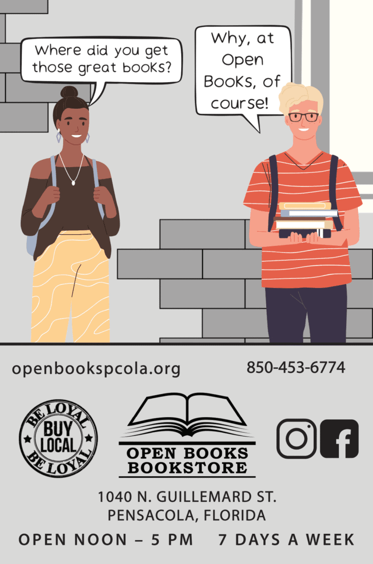Students discussing books at Open Books bookstore in Pensacola.