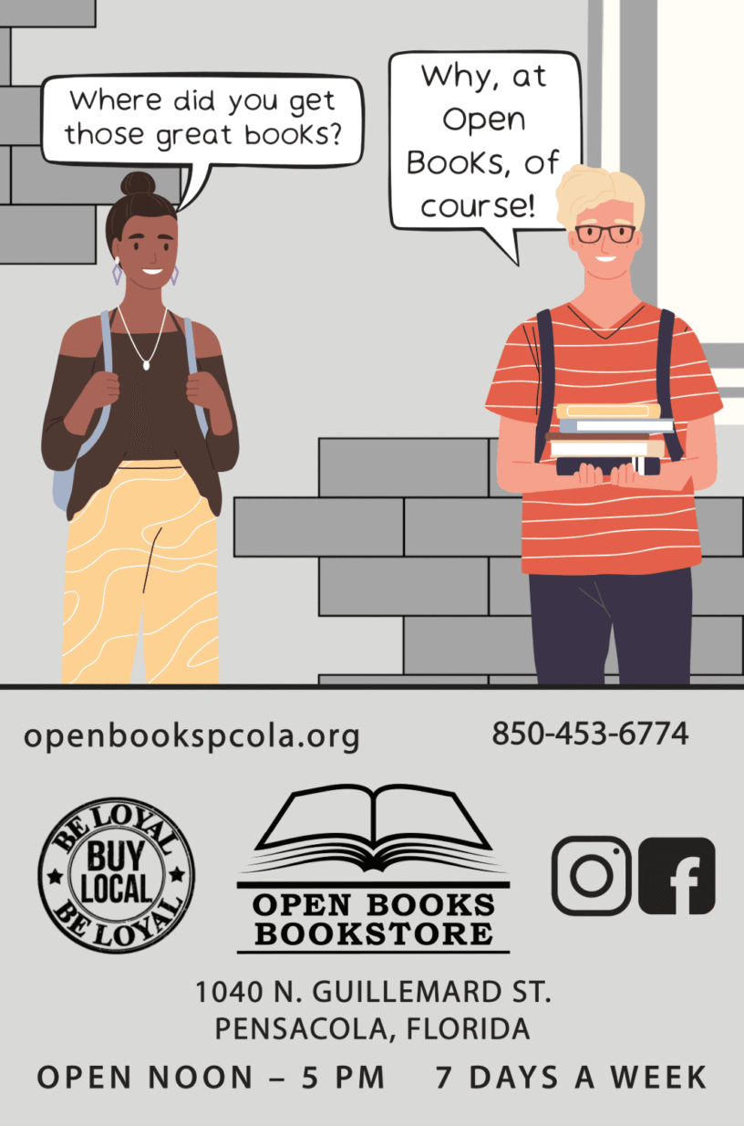 Students discussing books at Open Books bookstore in Pensacola.