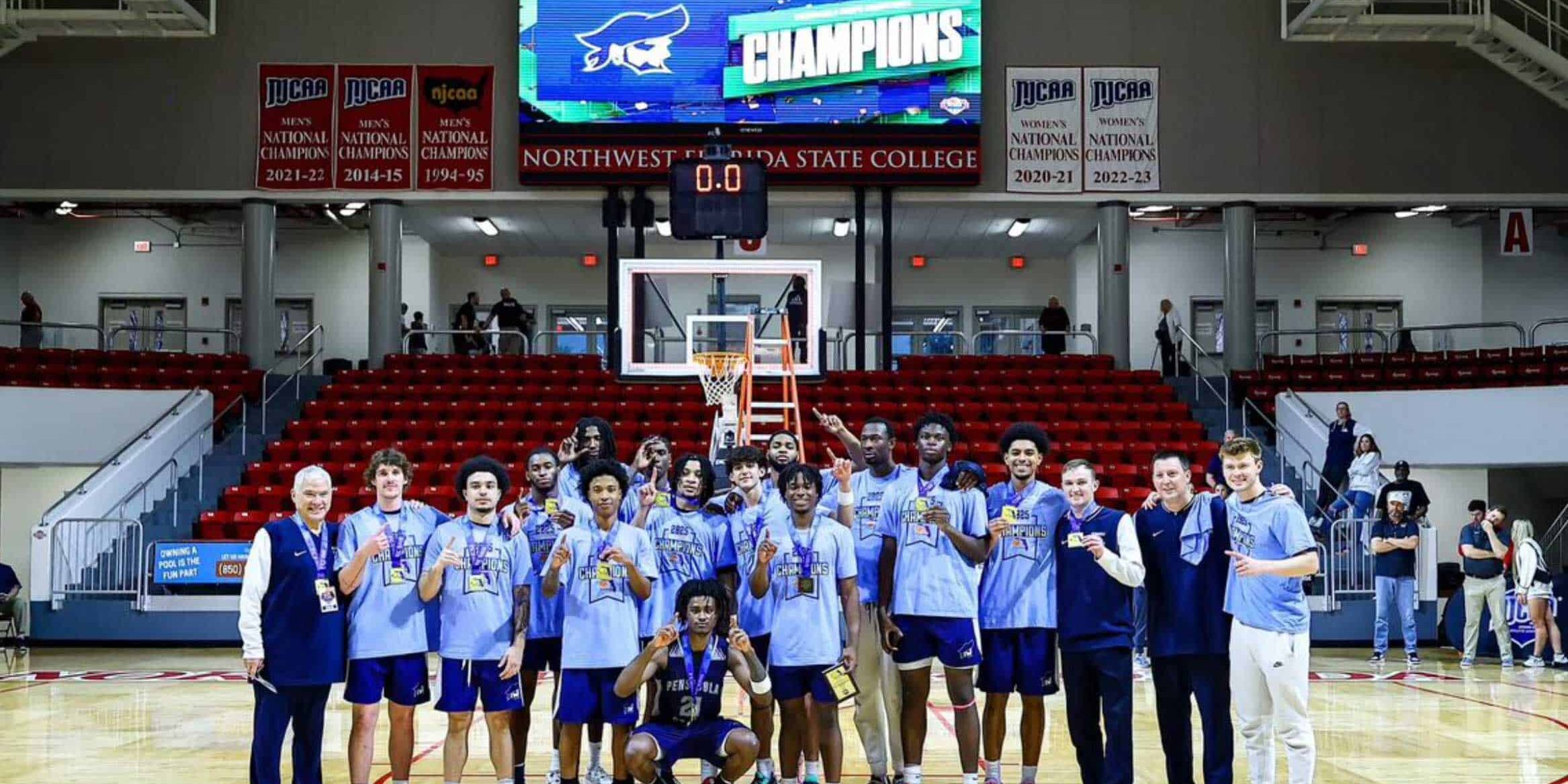 ECorsair basketball team celebrating their state championship victory.