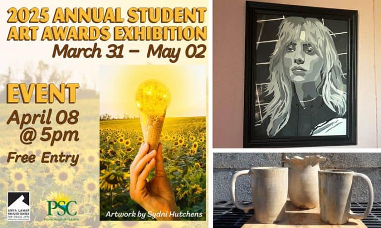 Art exhibition poster featuring sunflower and ice cream cone for student awards event.
